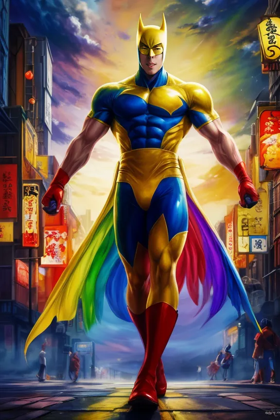 The image shows a superhero wearing a yellow and blue costume with a rainbow cape. He is standing in a city street with a determined expression on his face. The background is a colorful cityscape with people walking around. The superhero is muscular and has short black hair. He is wearing a mask that covers his eyes.