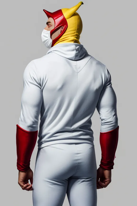 This is a picture of a man wearing a white and yellow superhero costume. The man is wearing a yellow and red helmet with two yellow horns sticking out of the top. He is also wearing a white mask that covers his mouth and nose. The man's muscular build is evident in the tight white suit he is wearing.