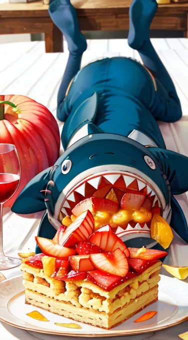 The image shows a blue shark lying on its back on a white tablecloth. Its mouth is wide open and it is eating a large piece of cake. The cake is topped with strawberries, blueberries, and whipped cream. There is a glass of red wine on the table next to the shark. The shark is wearing a pair of socks.