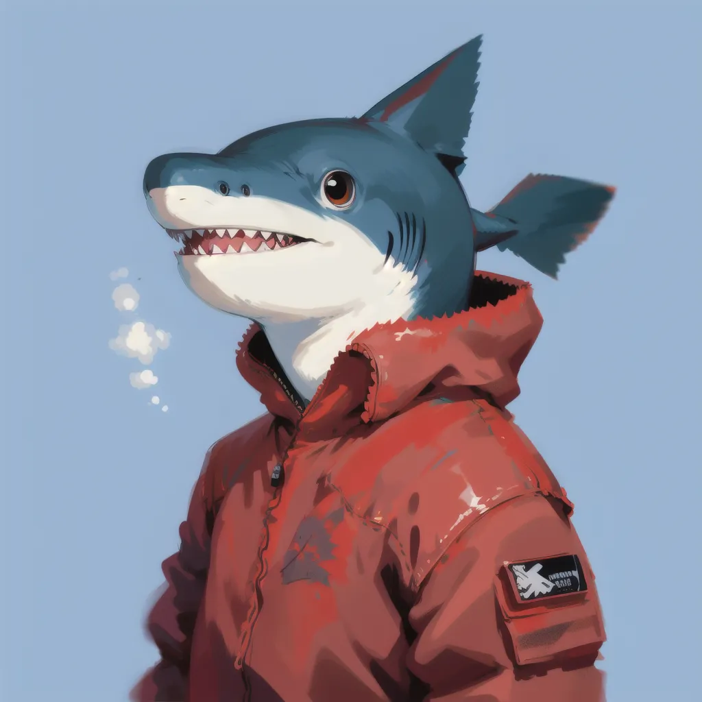 This image shows a shark wearing a red jacket. The shark has its mouth open and is showing its teeth. It is looking to the left of the frame. The shark is wearing a red jacket with a hood. The jacket has a white patch on the sleeve with the words \