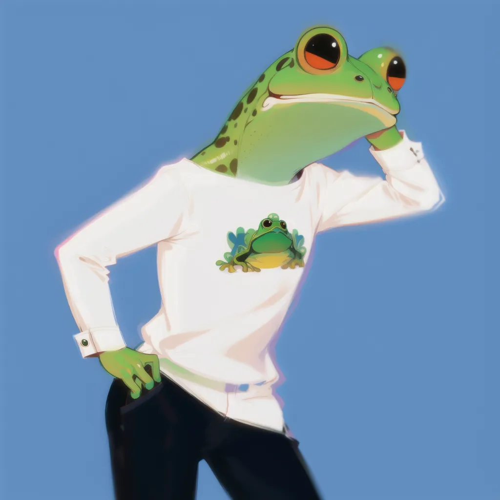 The image is a digital painting of a humanoid frog. It is wearing a white shirt with a picture of a frog on it and black pants. The frog is standing with one hand on its hip and the other holding its chin in a pensive pose. The background is a flat blue.