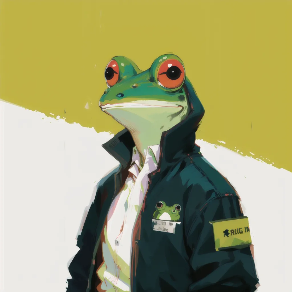 The image shows a frog wearing a human's outfit, including a white shirt and a black suit. The frog has big red eyes and a green body. It is looking at the viewer with a serious expression. The background is a gradient of yellow and white.