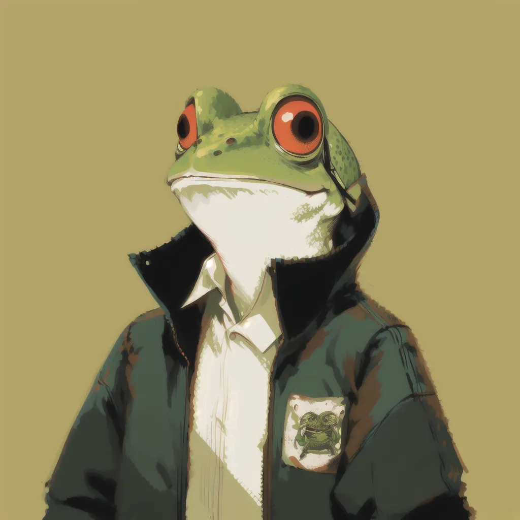 The image shows a anthropomorphic frog wearing a white dress shirt and a green bomber jacket with a patch on the left arm. The frog has red eyes and a wide mouth. It is looking to the right of the frame. The background is a solid light green color.