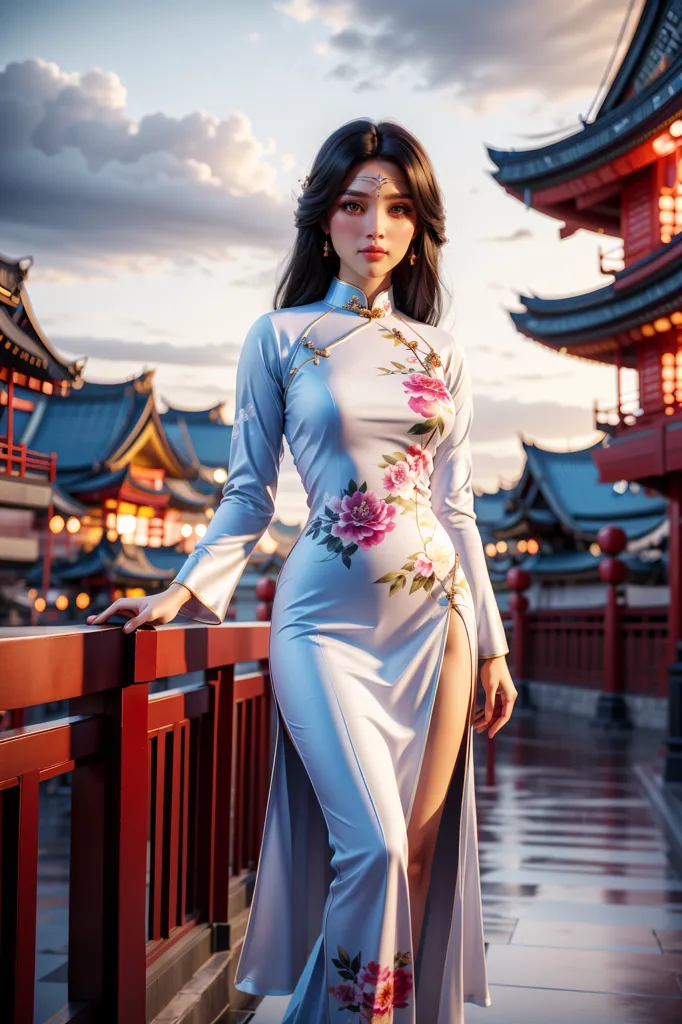 The image shows a young woman wearing a 旗袍(qipao), a traditional Chinese dress. The dress is light blue with floral prints and has a high collar. The woman has long black hair and is wearing a traditional Chinese hairstyle. She is standing on a bridge with a railing, and there are traditional Chinese buildings in the background. The image is set in a rainy