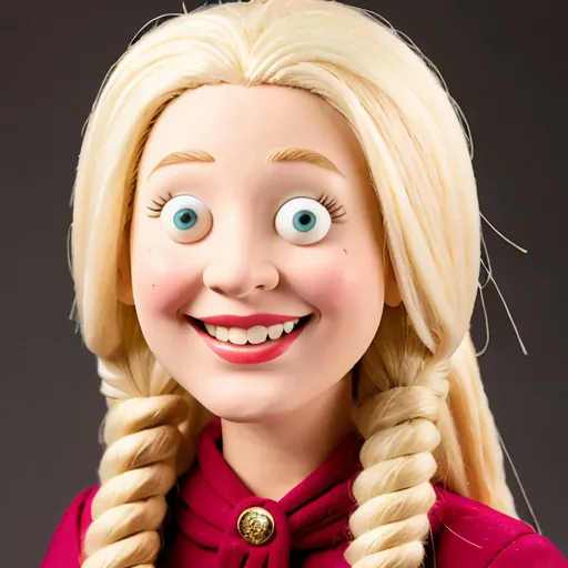 This is a photograph of a stop-motion animated doll. The doll has long blond hair, blue eyes, and a red dress. The face is very detailed, with a wide smile and visible teeth. The doll is looking at the viewer with a happy expression.