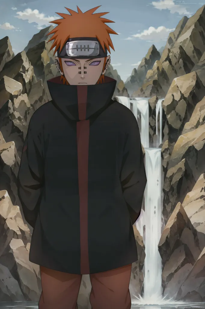 The image shows a character from the anime series Naruto. He is standing in a rocky canyon with a waterfall in the background. He is wearing a black and red Akatsuki cloak. He has orange hair and purple eyes and a headband with a metal plate on his forehead. He is looking at the viewer with a serious expression.