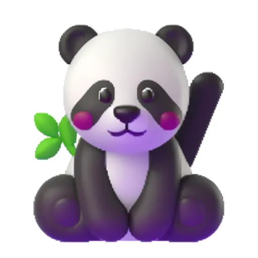 The image is a 3D rendering of a cartoon panda. It is sitting on its haunches with its left paw holding a stalk of bamboo. The panda has black and white fur, with a round face and large, floppy ears. Its eyes are closed and it has a contented expression on its face. The background is transparent.