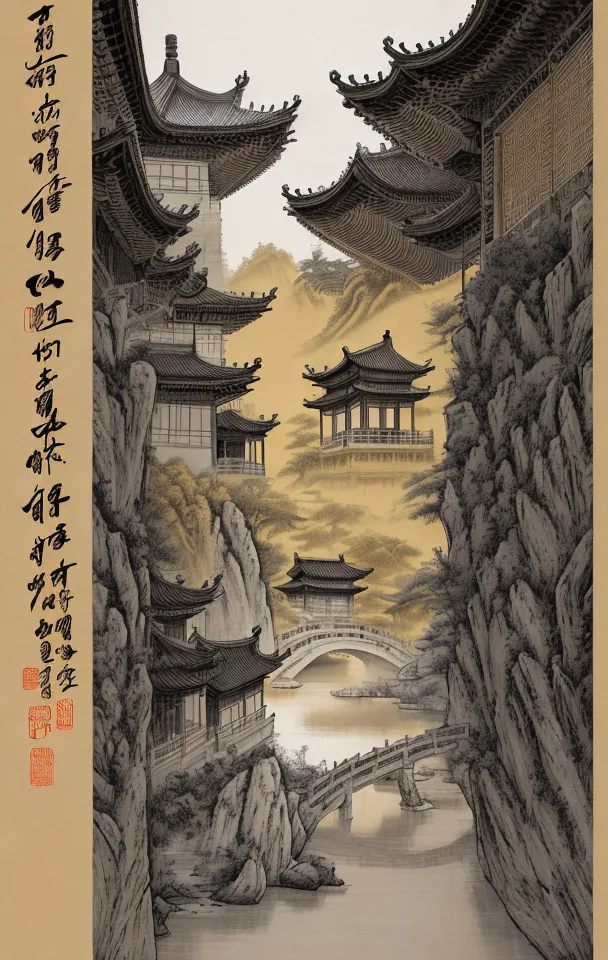 这幅图像是一幅宋代(960-1279年)风格的中国山水画。这幅画描绘了一条河流穿过两座山峰之间的山谷。山峰被树木覆盖,河流上跨有一座桥梁。河岸上有几座建筑,包括一座寺庙和一座亭子。这幅画是用墨和水彩在丝绸上绘制的。笔触细腻,色彩含蓄。这幅画是中国山水画的精品之作。