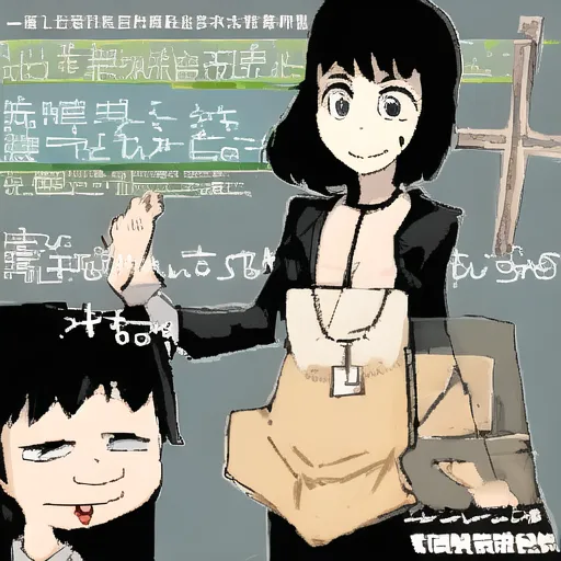 The image is in a classroom. There is a teacher and a student. The teacher is a young woman with black hair and glasses. She is wearing a suit. The student is a young man with black hair and a white shirt. He is sitting at a desk and looking at the teacher. There is a blackboard behind the teacher. There are some words written on the blackboard. The words are in Japanese.