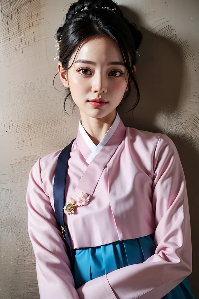 图像显示一位年轻女性穿着韩服,这是一种传统韩国服装。韩服呈粉色和蓝色,带有白色领子。女性的头发黑色,扎成一个髻。她头上戴着一条粉色的丝带。她的妆容自然,带有淡淡的粉色腮红和唇膏。她微微一笑,望着镜头。背景是浅灰色。