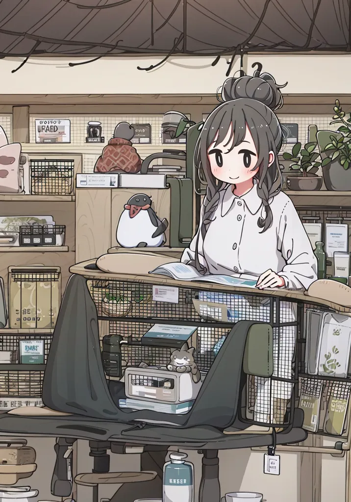 A girl with brown hair tied in a loose bun is sitting at a desk in a room that is full of clutter. There are shelves on the walls, a desk, and a variety of objects, including books, plants, and toys. The girl is wearing a white blouse and gray skirt. She has a penguin plushie on the desk with her and there is a cat sitting on the bottom shelf. The room is messy, but it is also cozy and lived-in.