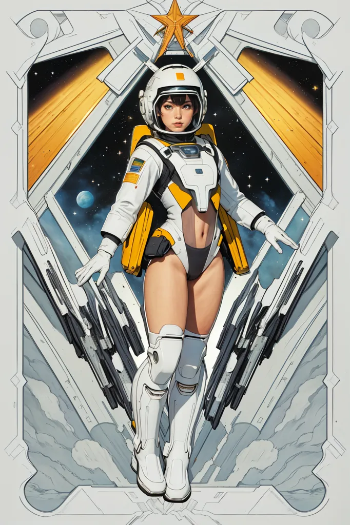 This is an image of a young girl in a spacesuit with her helmet on. She is standing in front of a large, open door. There is a planet and stars in the background. The girl is wearing a white spacesuit with yellow and black accents. She has a gun in her right hand. She is looking at the viewer with a determined expression.