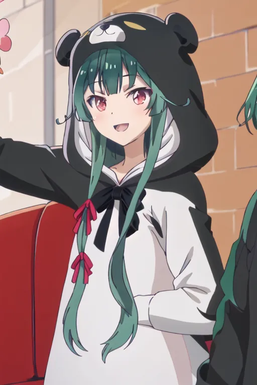 The image shows an anime girl with long green hair and red eyes. She is wearing a white and black hoodie with bear ears. The girl is smiling.