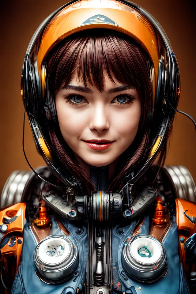 This is an image of a young girl in a spacesuit. She has short brown hair and blue eyes, and she is smiling. The spacesuit is orange and blue, and it has a lot of buttons and lights on it. The girl is also wearing a helmet, and there is a cord coming out of the back of it.