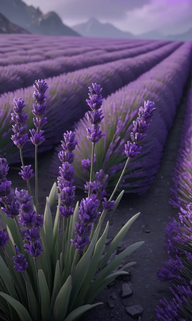 This is a picture of a lavender field. The lavender is in full bloom and the flowers are a vibrant shade of purple. The field is set against a backdrop of mountains, which are partially obscured by clouds. The sky is blue with a few wispy clouds. The lavender is planted in rows, with a small path running between each row.