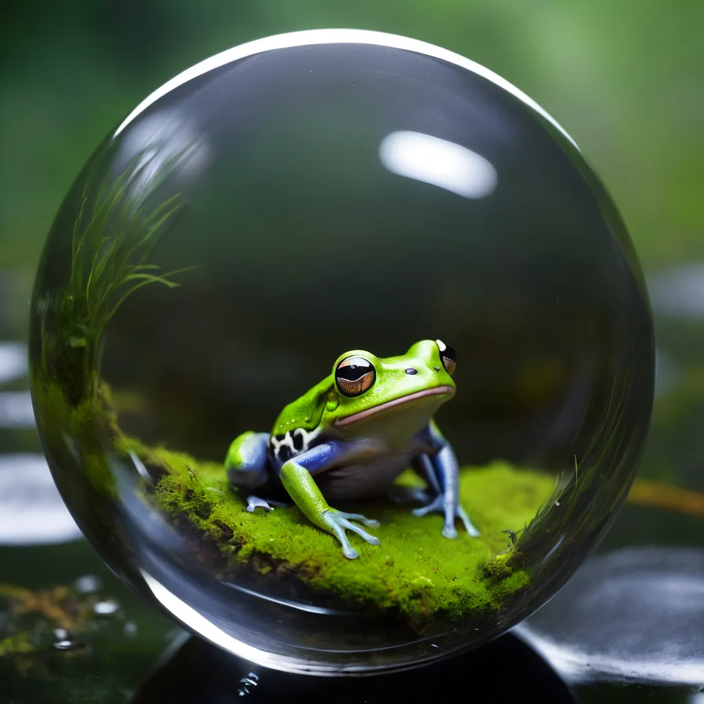 A green frog is sitting on a rock covered with moss. The frog is inside a glass ball. The background is blurred.