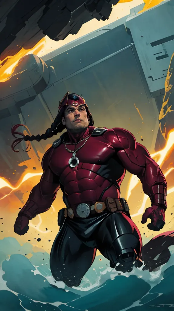 This is a picture of a superhero. He is wearing a red and black suit. He has long brown hair and a muscular build. He is standing in front of a large spaceship. There are flames coming from the spaceship. The superhero is looking at the spaceship with a determined expression on his face.