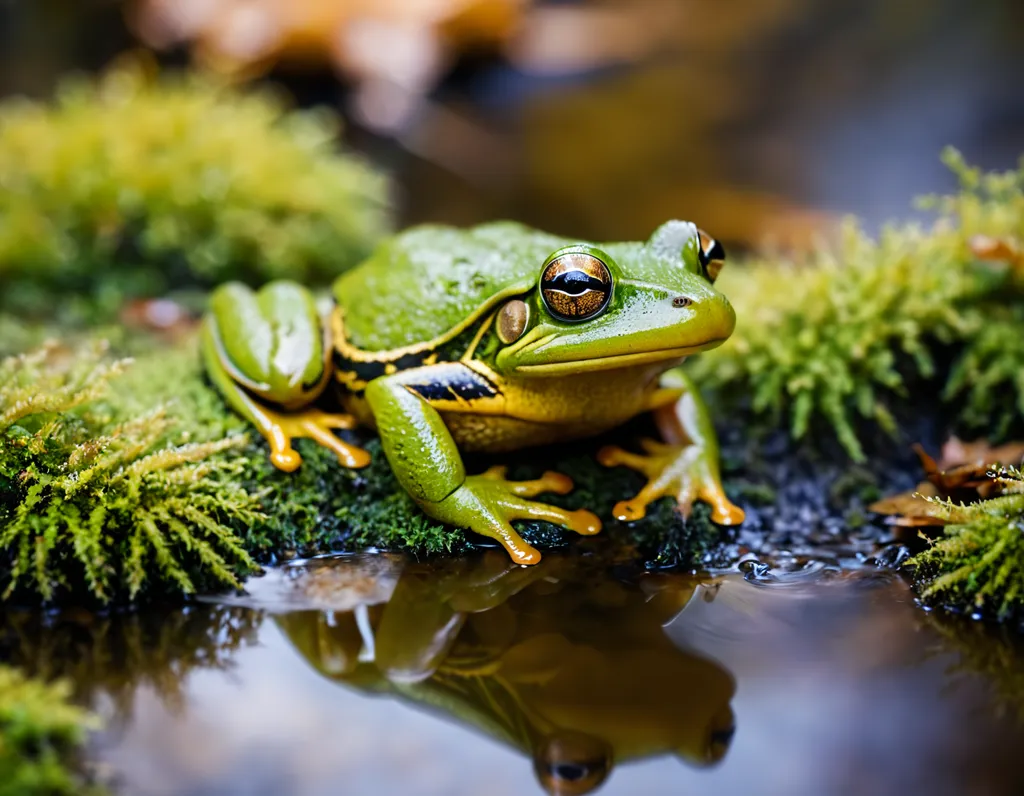 A bright green frog is sitting on a rock in a pond. The frog has black stripes on its back and yellow stripes on its legs. Its eyes are orange and it has a white belly. The frog is looking at the camera. There is water and moss on the rock. The background is blurred.