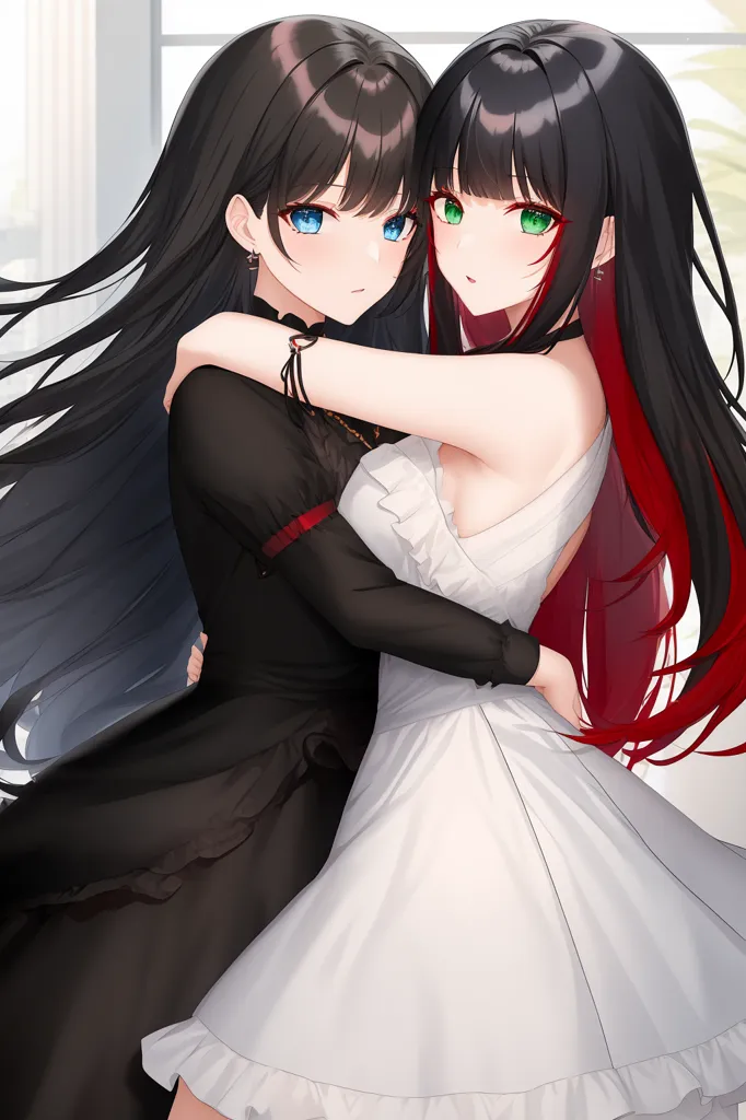 This image is of two beautiful anime girls with long black hair. The girl on the left is wearing a black dress with a white collar, while the girl on the right is wearing a white dress with a black collar. They are standing close to each other and smiling. The background is a blur of light and dark colors.