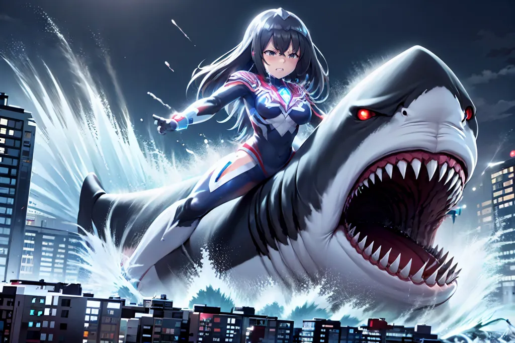 A girl in a blue and black bodysuit is riding on the back of a giant shark. The shark is swimming towards a city, and the girl is pointing ahead. The shark has its mouth open. The girl has long black hair and red eyes. She is wearing a determined expression. The shark is gray and white with red eyes. It has sharp teeth. The city is in the background, and it is made up of tall buildings.