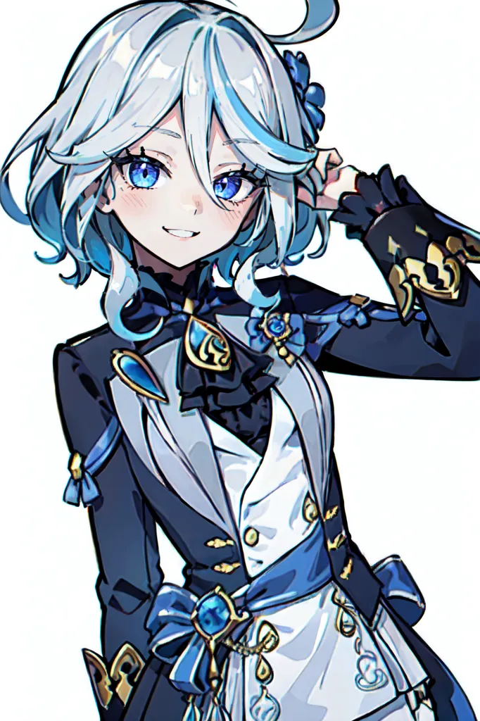 This is an image of a young girl with white hair and blue eyes. She is wearing a blue and white outfit with a white bow in her hair and a blue gem on her chest. She has a happy expression on her face and is looking at the viewer. The background is white.