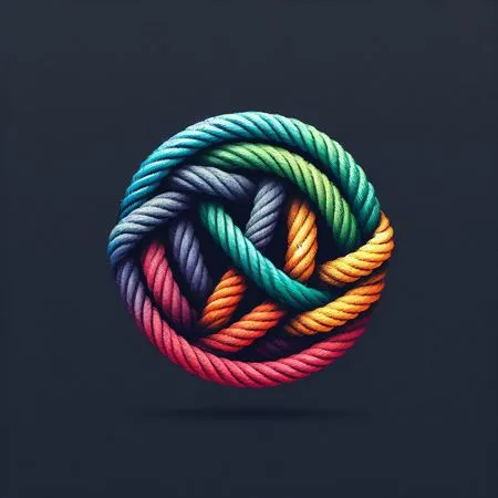 This is a 3D rendering of a multi-colored rope. The rope is wound around itself in a circular pattern. The colors of the rope are red, orange, yellow, green, blue, and purple. The background is dark grey.