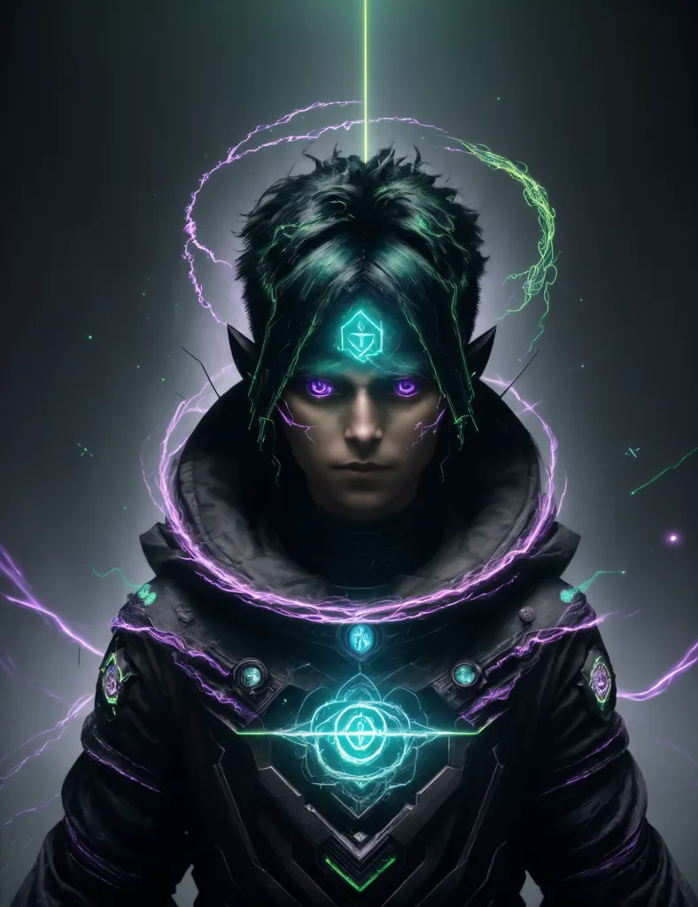 The image shows a young man with green hair and purple eyes. He is wearing a black suit with green and purple lights on it. He has a strange symbol on his forehead and there is a green light coming from his head. He looks like a character from a video game or an anime.