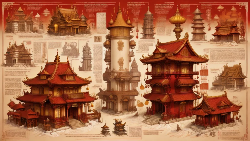 The image shows a variety of Chinese-style buildings. The buildings are all red and have intricate designs. There are also some trees and plants in the image. The image is drawn in a realistic style and has a lot of detail.