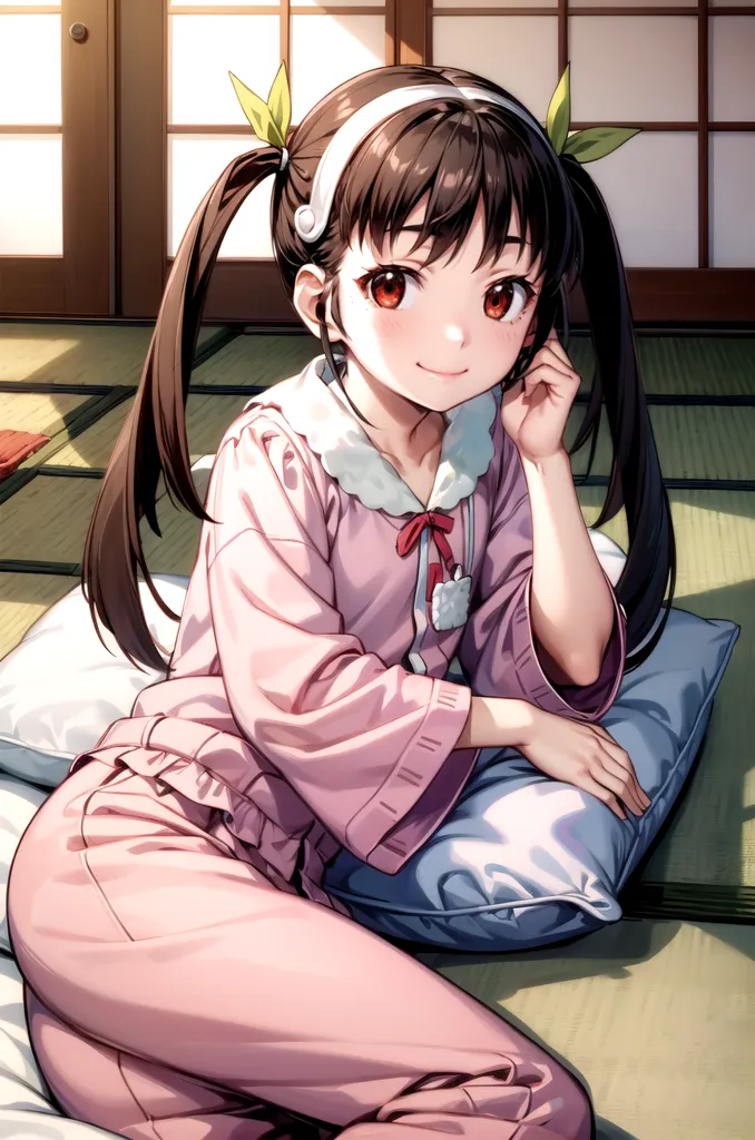 The image shows a young girl in her pajamas. She has long brown hair and brown eyes. She is sitting on a pillow on the floor and has a thoughtful expression on her face. The background is a traditional Japanese room with a shoji screen and tatami mats.