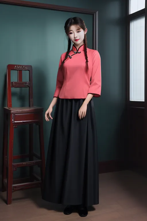 The image shows a young woman wearing a pink and black cheongsam. The cheongsam is a traditional Chinese dress that is typically worn by women. It is a one-piece dress that is fitted to the body and has a high collar. The cheongsam is often made of silk or other luxurious fabrics and is often decorated with intricate designs. The woman in the image is wearing a pink cheongsam with a black collar and black trim. She is also wearing black shoes and has her hair tied back in a bun.