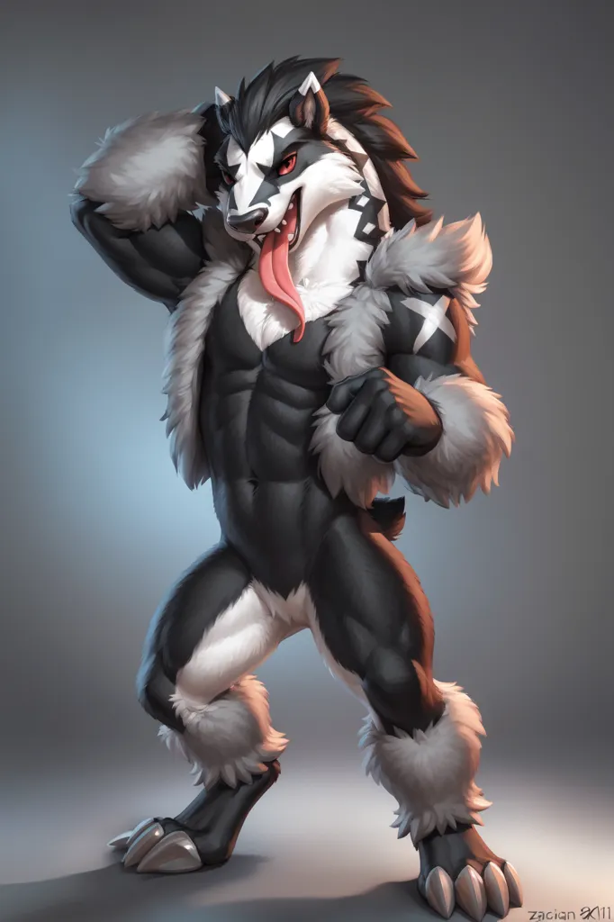 The image is of a muscular, anthropomorphic wolf with black and white fur. It is wearing a white fur collar and has a long, red tongue that is hanging out of its mouth. It is standing on its hind legs and has its arms outstretched in a challenging pose. The background is a light gray color.