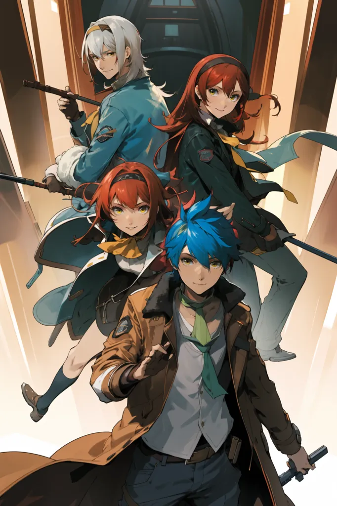 This is an image of four anime characters. There are three girls and one boy. The boy is in the center with his left hand in his pocket and his right hand extended. He has brown hair and green eyes. He is wearing a brown jacket, white shirt, and blue pants. The girl on the left has red hair and green eyes. She is wearing a blue jacket and black pants. She is holding a sword in her right hand. The girl on the right has red hair and brown eyes. She is wearing a green jacket and black pants. She is holding a gun in her right hand. The girl in the back has red hair and blue eyes. She is wearing a white shirt and black pants. She is holding a staff in her right hand.