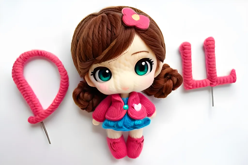 The image shows a doll made of polymer clay. The doll has brown hair, green eyes, and is wearing a pink jacket and blue dress. The doll is standing on a white surface. There is a pink letter \