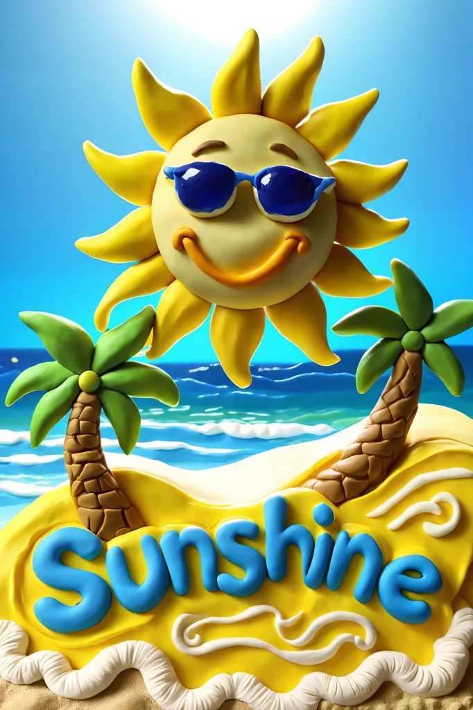 This is a 3D rendering of a claymation image. It depicts a smiling sun wearing sunglasses, with two palm trees on either side of it. The sun is in front of a blue ocean with white waves crashing on the beach. The word \