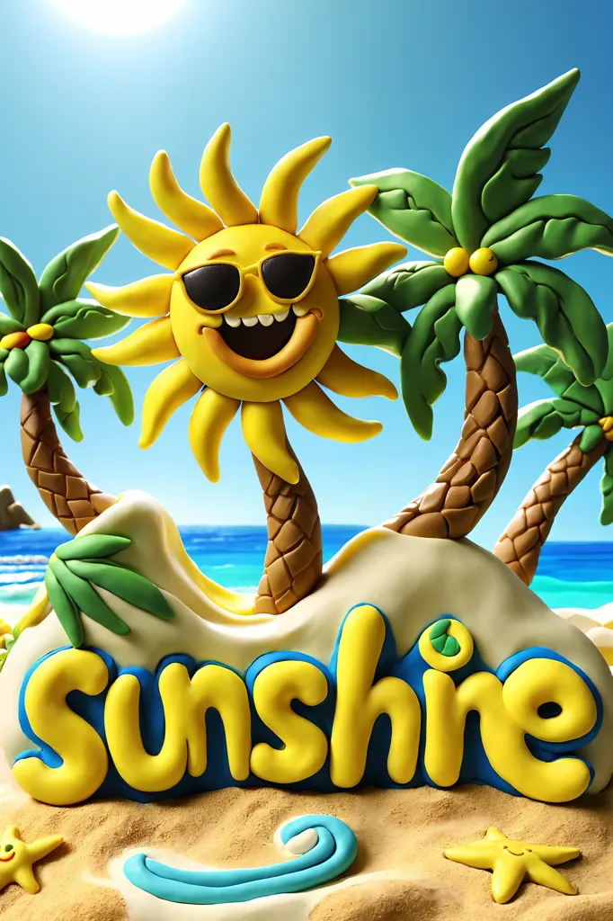 This is a picture of a smiling sun wearing sunglasses. It is made of yellow playdough and has a big smile on its face. The sun is surrounded by two palm trees and the word "sunshine" is written in blue and yellow playdough at the bottom. The background is a blue sky and ocean. There are also two starfish and a wave made of playdough at the bottom.