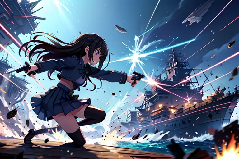 A young girl with long brown hair and brown eyes is depicted in the middle of a war zone in an anime-style illustration. She is dressed in a black and white school uniform and is armed with two guns. Despite being surrounded by explosions and gunfire, the girl appears to be calm and collected. She is standing in a firing position and is aiming her guns at an unseen opponent. The background of the image is a blur of blue and purple, with silhouettes of ships and airplanes engaged in battle. The overall impression of the image is one of excitement and danger, as the girl appears to be in imminent danger, but is also determined to fight back.