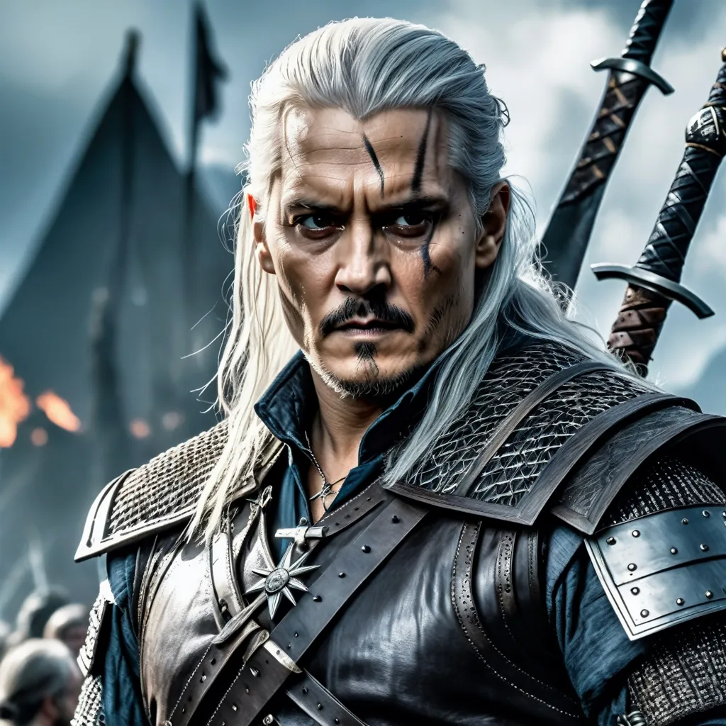 This image shows a man with long white hair and a beard. He is wearing a black leather jacket and a chainmail shirt. He has a sword in his hand and looks like he is ready to fight. There are two swords on his back. In the background, there is a burning village.