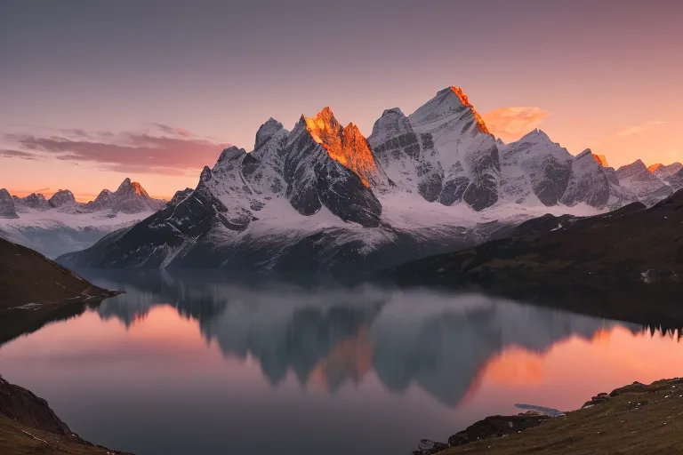 这张图片是一幅美丽的雪山倒影在宁静湖面上的日落景观。天空呈现出橙色、粉色和蓝色的渐变色,太阳正在山后落下。山峰被白雪覆盖。湖水呈深蓝色,山峰的倒影清晰地映在水中。前景是一片草地,有几棵树木和灌木。这幅图像给人一种宁静祥和的感觉,捕捉了大自然的美丽。