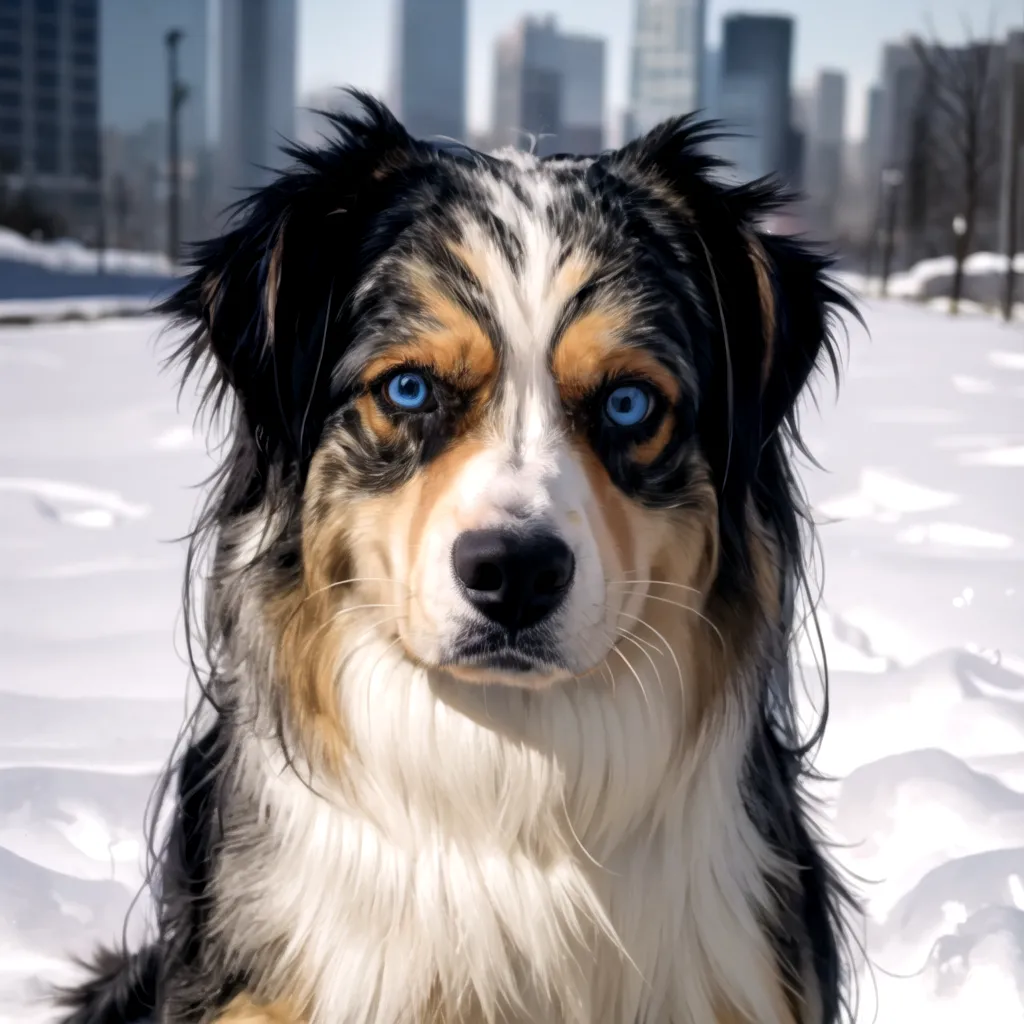 图像显示一只拥有迷人蓝眼睛的狗狗。这只狗狗正站在雪地中,背景中有建筑物。这只狗狗有着长而波浪状的黑白棕色毛发。它正以警惕的表情看向镜头。