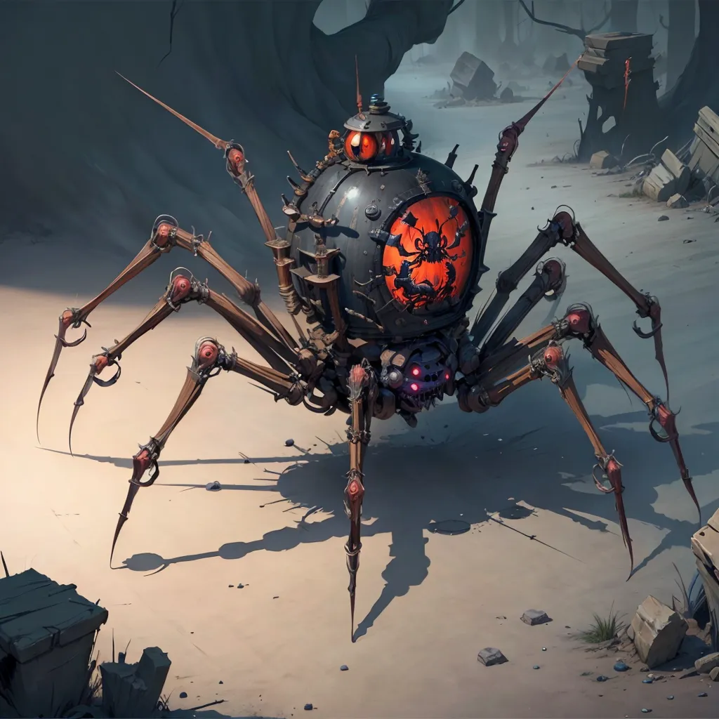 The image is of a steampunk spider. It has a large, round body with a red eye in the center. Its legs are long and spindly, and it has a pair of pincers on its front legs. The spider is standing in a dark, ruined city. There are broken buildings and rubble all around it. The spider is looking at the viewer with its red eye. It seems to be angry and ready to attack.