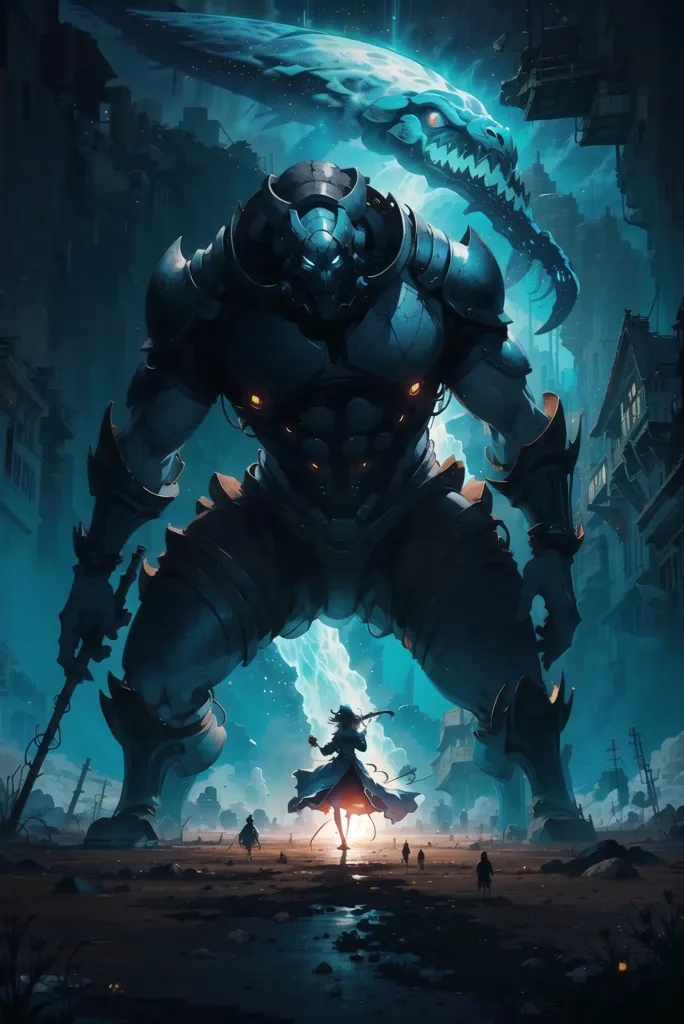 The image is a dark and stormy night. A giant blue mech is standing in the middle of a ruined city. The mech is surrounded by smoke and debris. There are four people standing in front of the mech. They are all wearing cloaks and they all have their weapons drawn. The mech is looking down at the people. It has a giant sword in its hand. The people are all looking up at the mech. They are all scared.