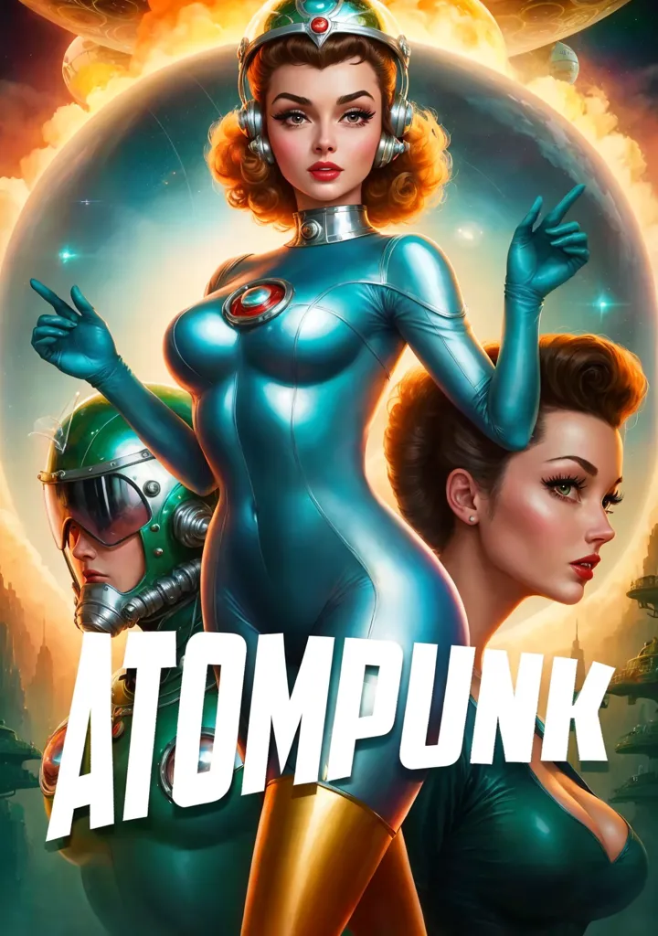 这张海报是一部名为"Atompunk"的电影海报。它展示了一名身穿蓝色连体服、胸前有红色圆圈的女性。她戴着头盔,双手伸出。在她右侧站着一名身穿绿色连衣裙、手放在腰上的女性。在蓝色女性左侧站着一名身穿绿色连体服、戴着头盔、双手举起的男性。背景是黄橙色的天空,远处有一颗行星。海报底部用白色字母写着"Atompunk"的标题。