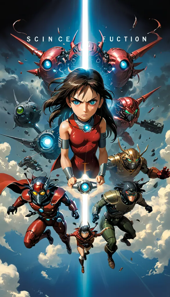 The image is an illustration of a scene from a science fiction anime. There are five characters in the image. Four of them are wearing red and white uniforms and the other one is wearing a green uniform. They are all standing in front of a large spaceship. The background is a blue sky with white clouds. The characters are all looking at the viewer.