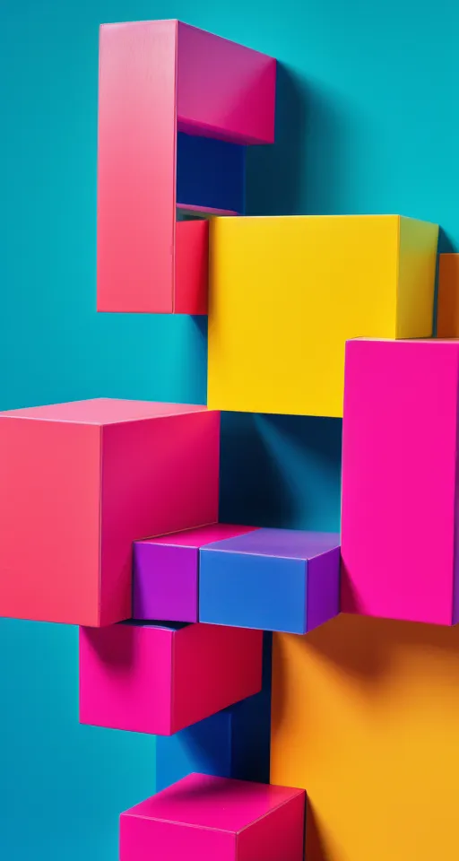 The image is of a stack of brightly colored cubes. The cubes are arranged in a random order and are of different sizes. The colors of the cubes are pink, blue, yellow, and purple. The background is a light blue color. The image is simple but visually appealing.