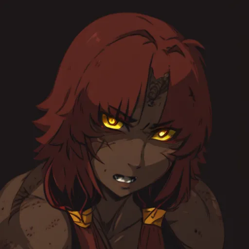 This is a picture of a woman with red hair and yellow eyes. She has a determined expression on her face and looks like she is ready to fight. She is wearing a dark brown outfit. The background is dark, which makes her stand out.