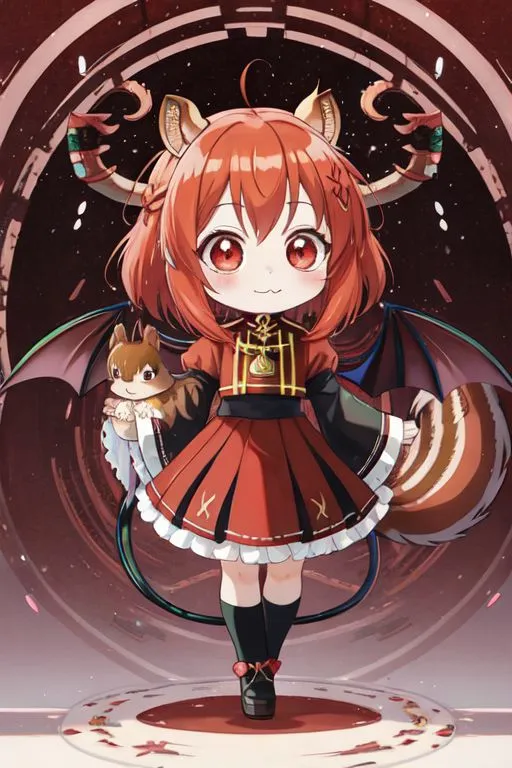 The image is of a chibi anime girl with red hair and eyes, wearing a red and white dress with a white collar and black boots. She has squirrel-like ears and a tail, and is carrying a squirrel in her arms. She is standing in a red circle with a white background, and there are red and white objects resembling flames or petals in the background.