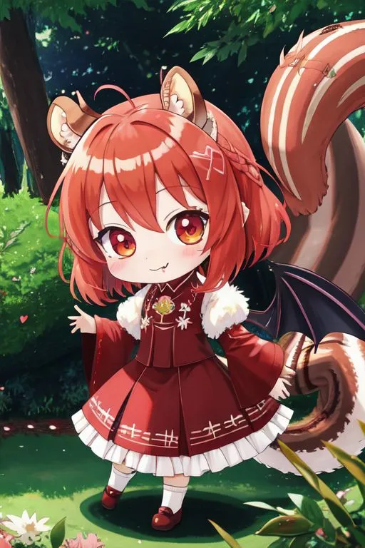 The image is a digital painting of a chibi anime girl with red hair and a squirrel tail. She is wearing a red and white dress with a white fur collar. She has a friendly expression on her face and is standing in a forest setting.