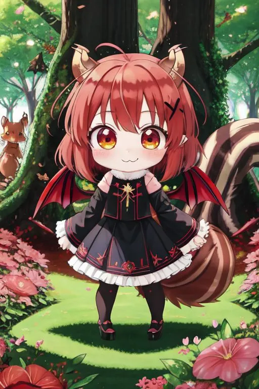 The image is of a chibi anime girl with red hair and eyes, wearing a black and red gothic dress with a white collar and a red bow. She has bat wings and a squirrel-like tail. She is standing in a forest with green grass and pink flowers. There is a squirrel on the left and a small fox on the right.