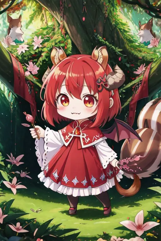 The image is a digital painting of a chibi anime girl with red hair and fox ears. She is wearing a red and white dress with a white petticoat. She is standing in a forest, surrounded by flowers and trees. There are two squirrels in the tree behind her. The girl is smiling and holding a flower in her hand. The image is drawn in a soft, painterly style and the colors are vibrant and bright.