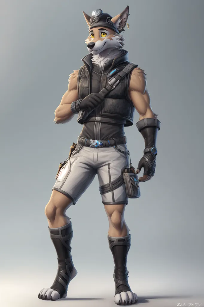 The image shows a muscular wolf-like creature standing on a grey background. The creature is wearing a black vest, white shorts, and black boots. It has a bandolier of tools around its waist and a flashlight on its head. The creature is looking to the side with a confident expression.